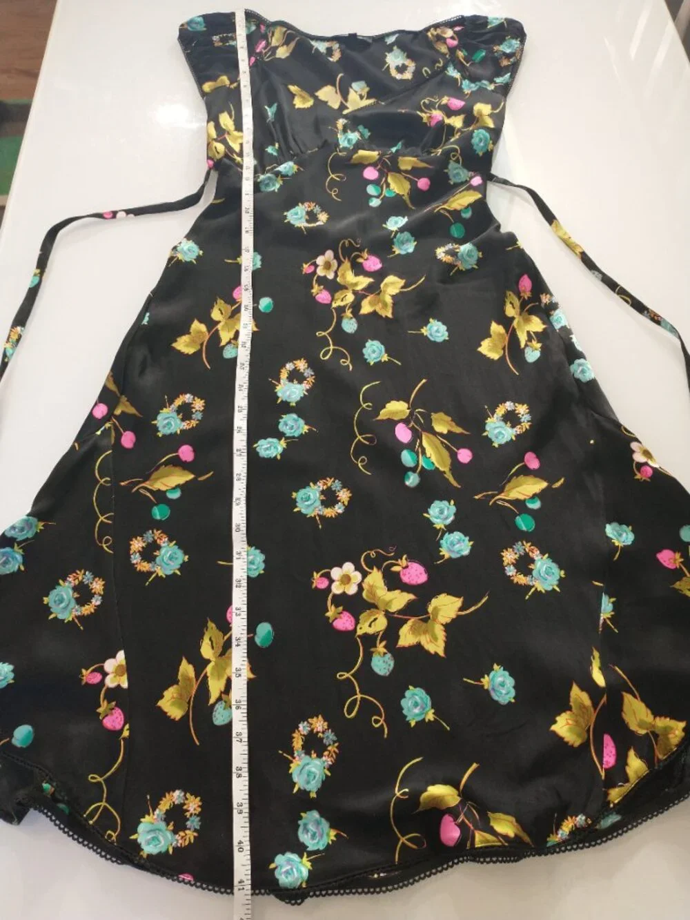 VTG 90s Betsey Johnson Black Silk Cherry Strawberry Floral Fruit Slip Midi Dress